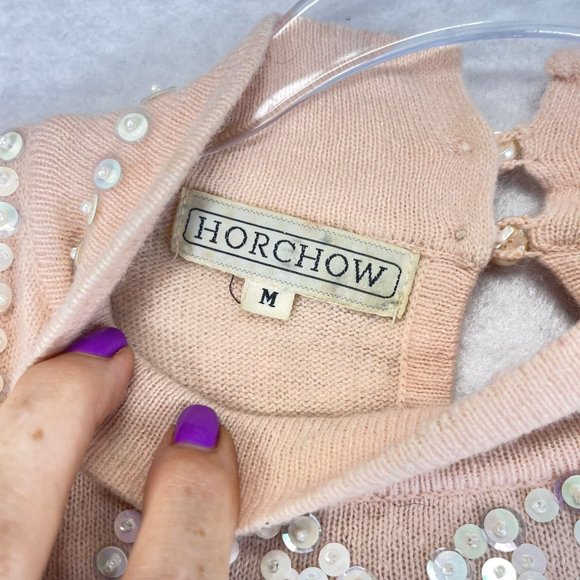 Vintage HORCHOW Womens M Pink Sequined Heart Wool Angora Puff Sleeve Sweater - Picture 9 of 14